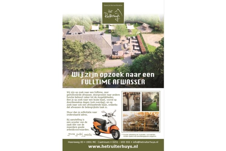 Restaurant Het Ruiterhuys zoekt afwashulp!